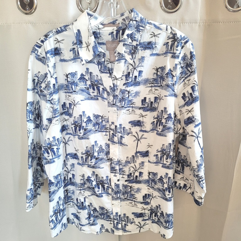 Chicos Womens Button Up Shirt Large Toile Cityscape Palm Tree Euro Boho 21662
